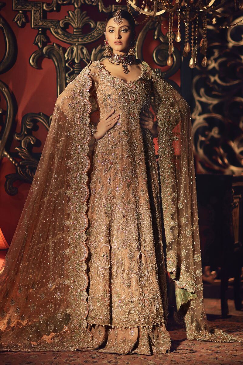 Pakistani Peach Embroidered Net Bridal Gown (3-Piece) - Image 1