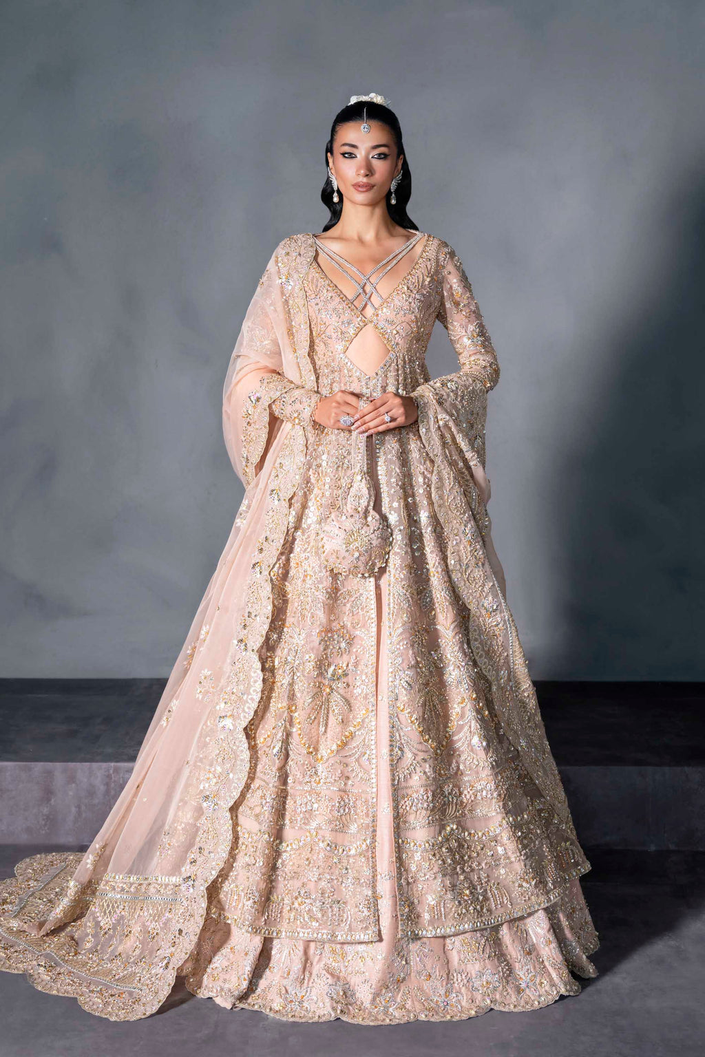 Pakistani Blush Embroidered Net Bridal Gown (2-Piece) - Image 1