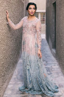 Pakistani Powder Pink to Ice Blue Embellished Net Gown (1-Pc) - Image 3
