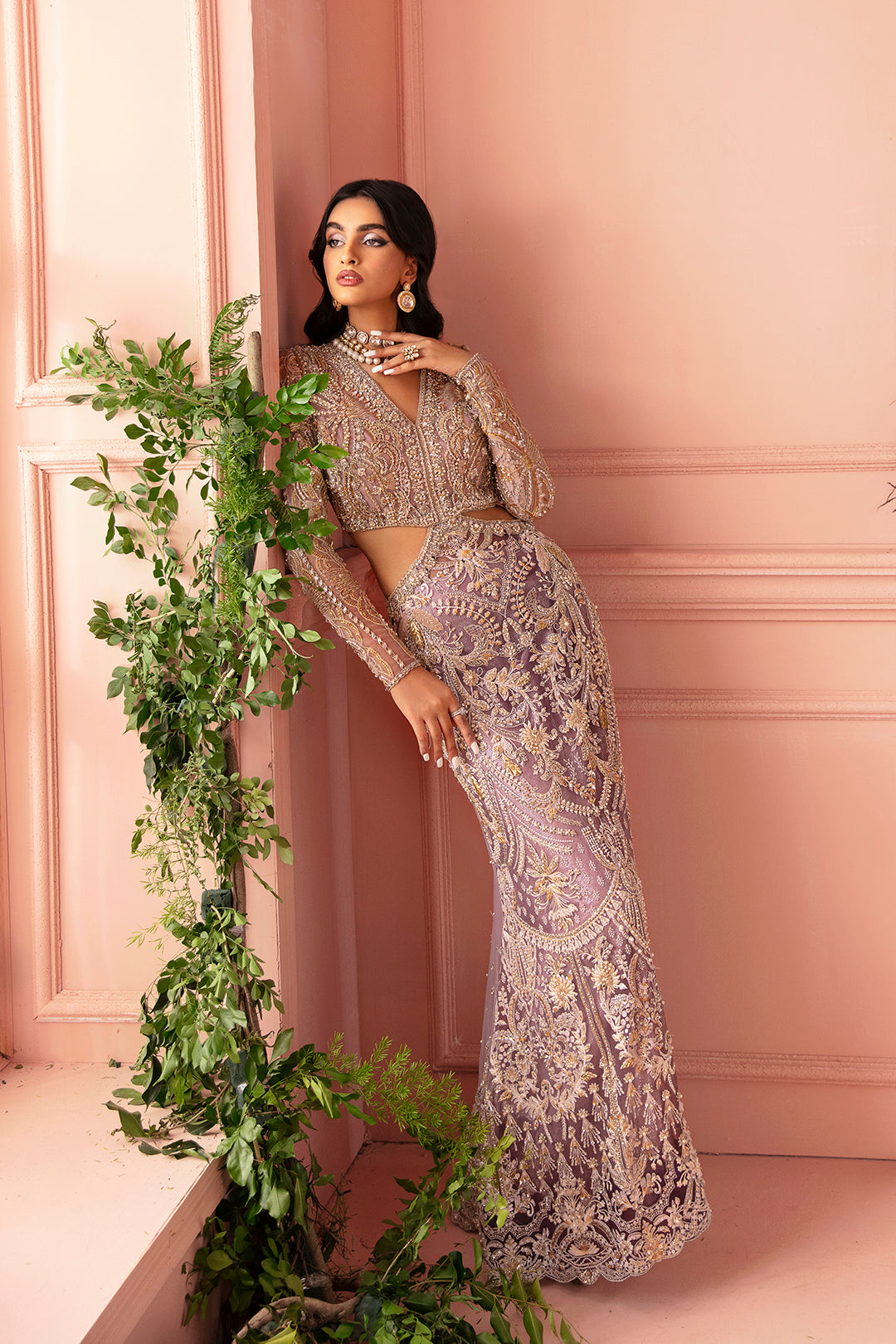 Pakistani Lavender Gold Embroidered Net Gown (1-Pc) - Image 1
