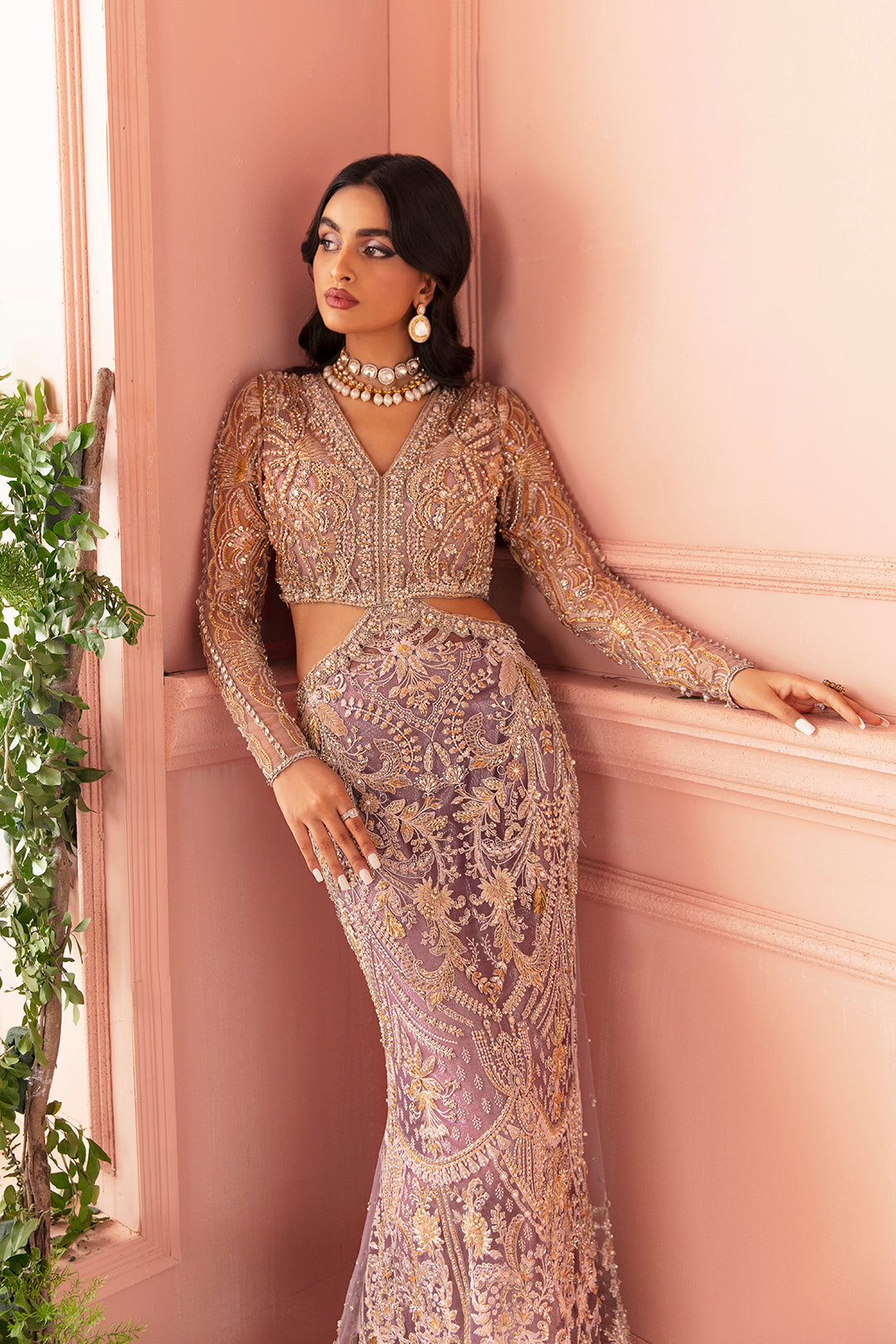 Pakistani Lavender Gold Embroidered Net Gown (1-Pc) - Image 2