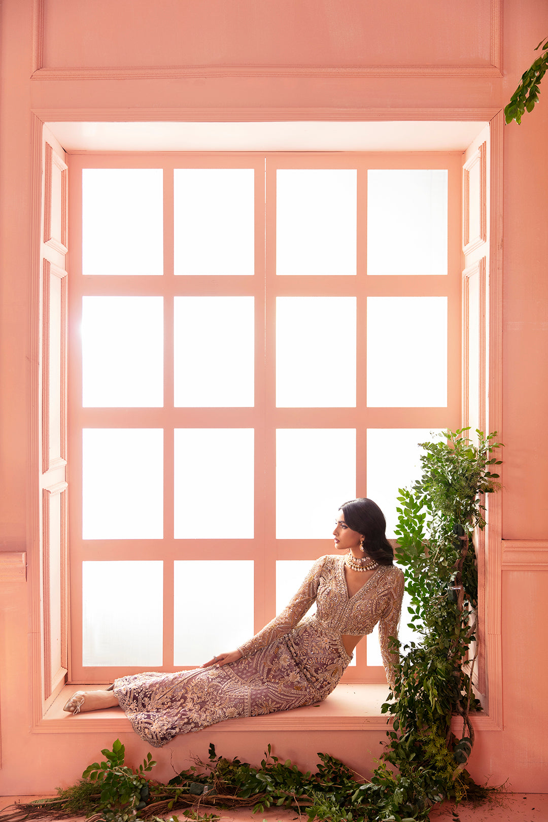 Pakistani Lavender Gold Embroidered Net Gown (1-Pc) - Image 3