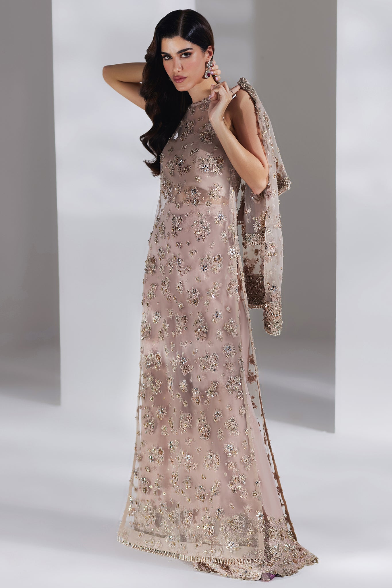 Salmon Peach Embellished Net Silk Gown (3-Piece) - Image 3