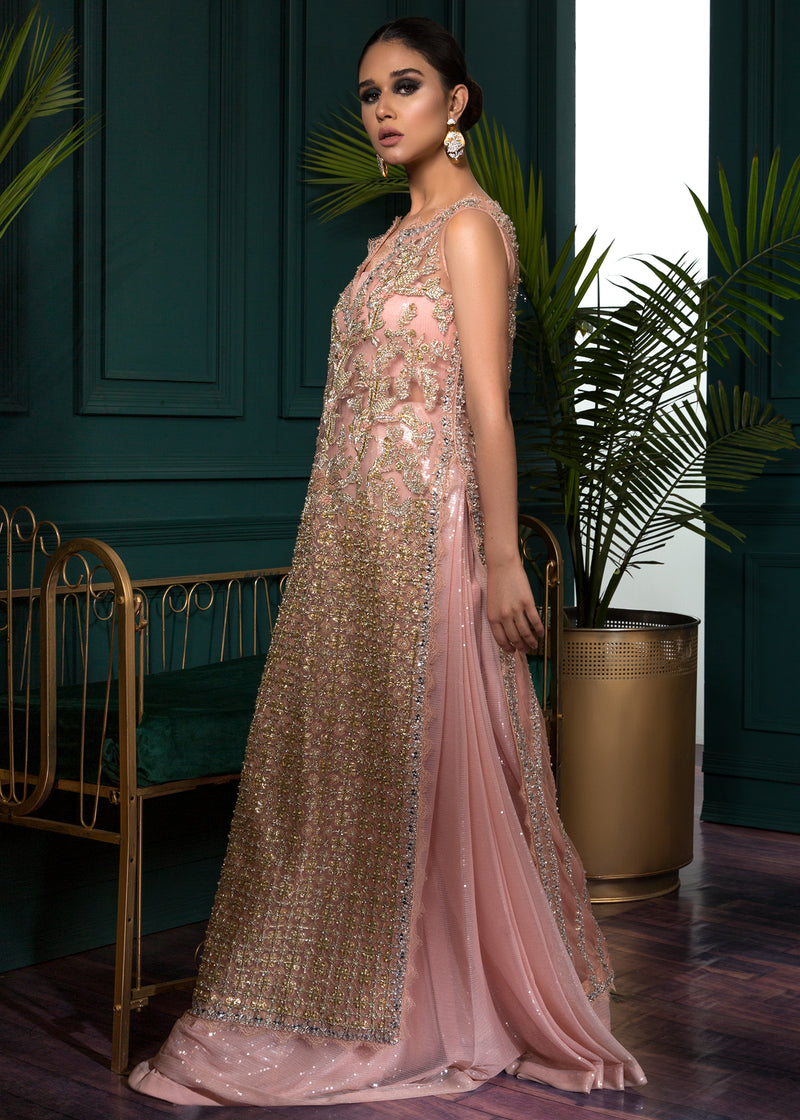 Pakistani Blush Pink Embellished Net Gown (1-Pc) - Image 1