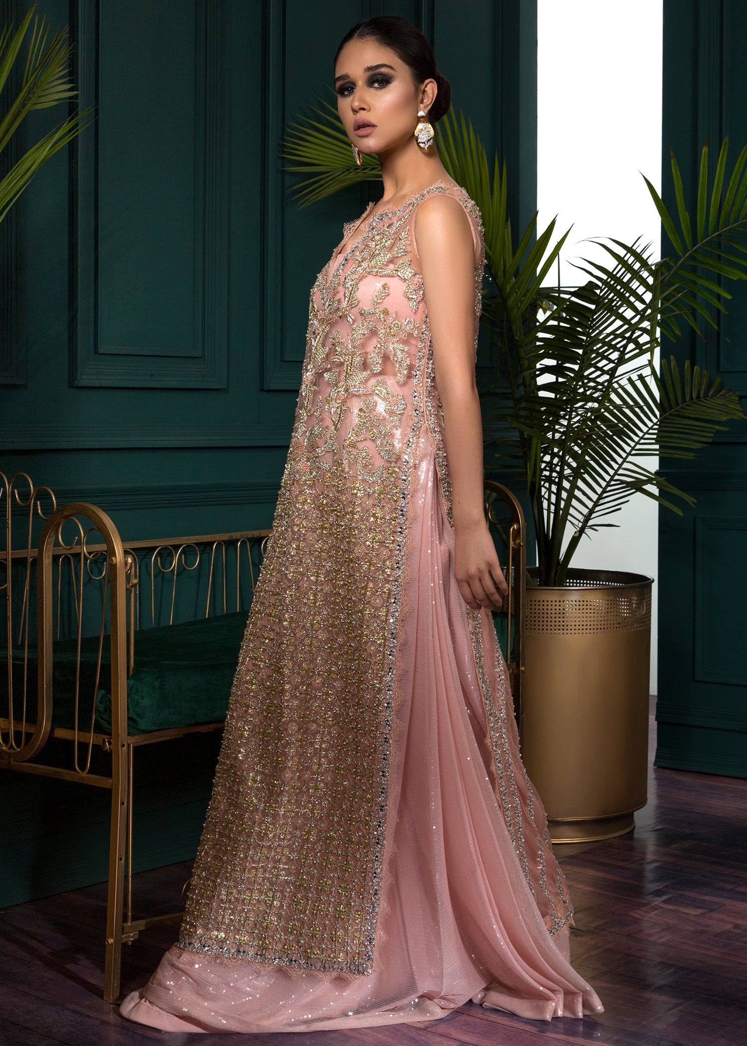 Pakistani Blush Pink Embellished Net Gown (1-Pc) - Image 2