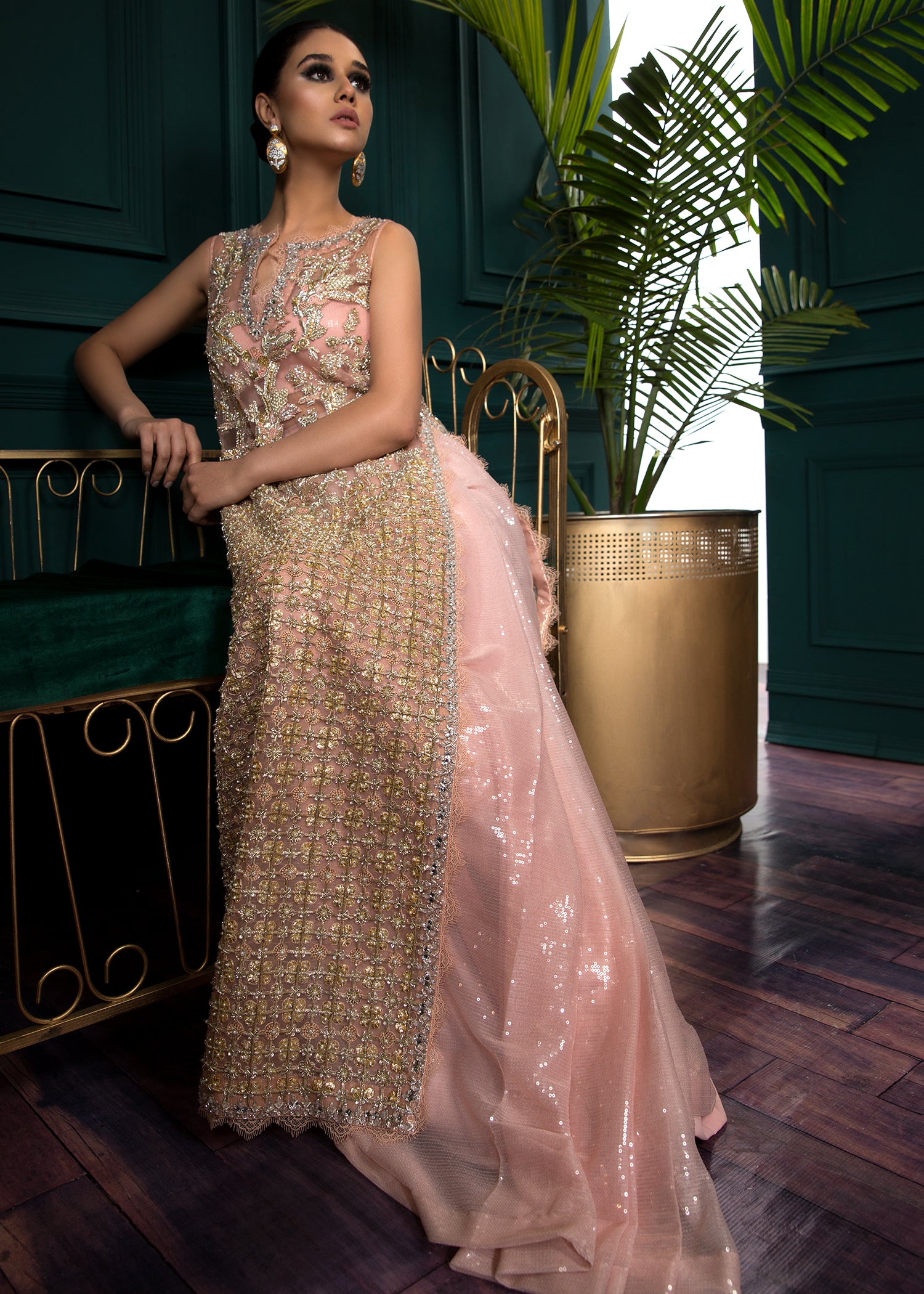 Pakistani Blush Pink Embellished Net Gown (1-Pc) - Image 3