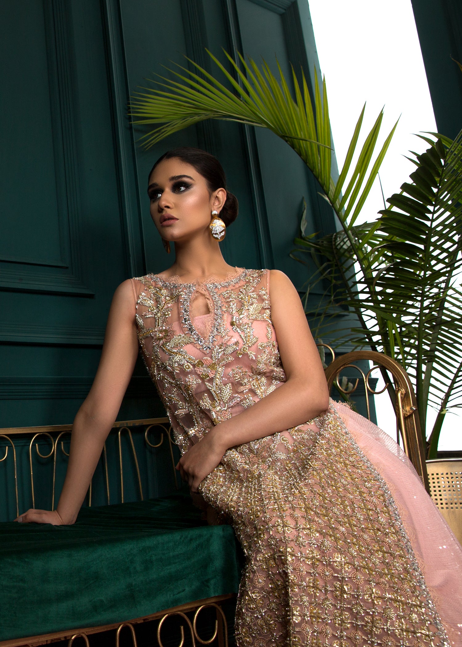 Pakistani Blush Pink Embellished Net Gown (1-Pc) - Image 4