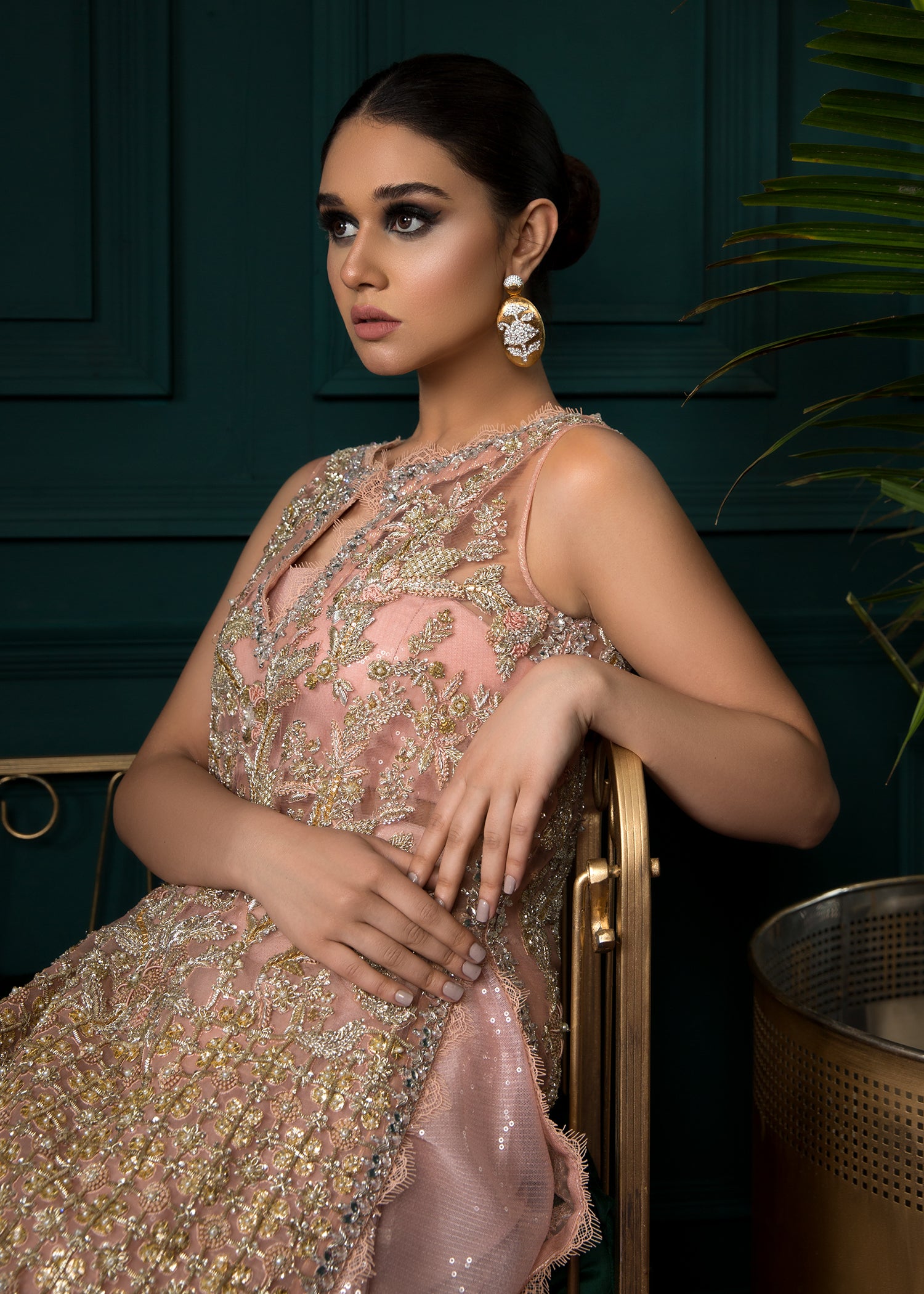 Pakistani Blush Pink Embellished Net Gown (1-Pc) - Image 5
