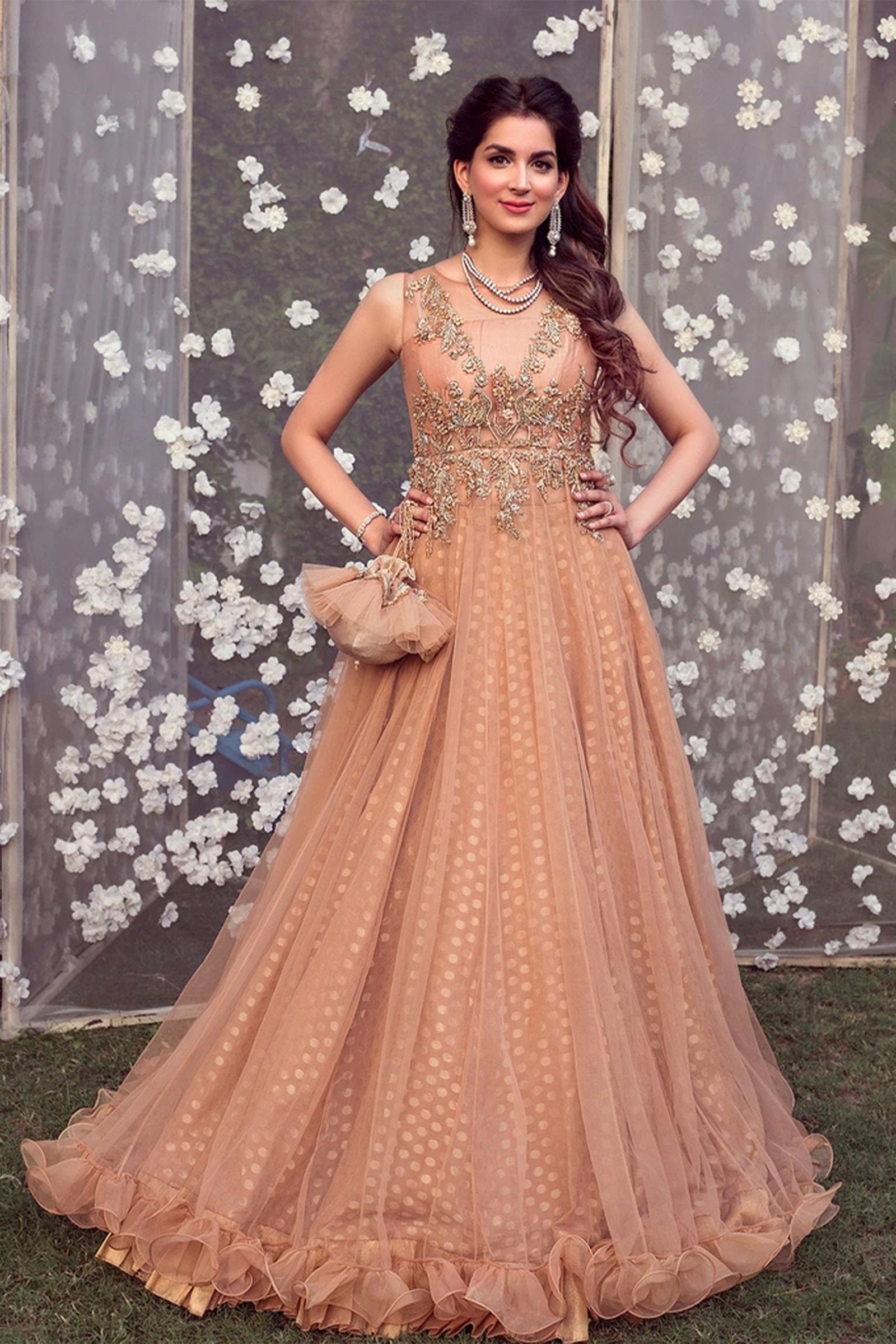 Pakistani Peach Hand Embroidered Net Gown (1-Pc) - Image 1
