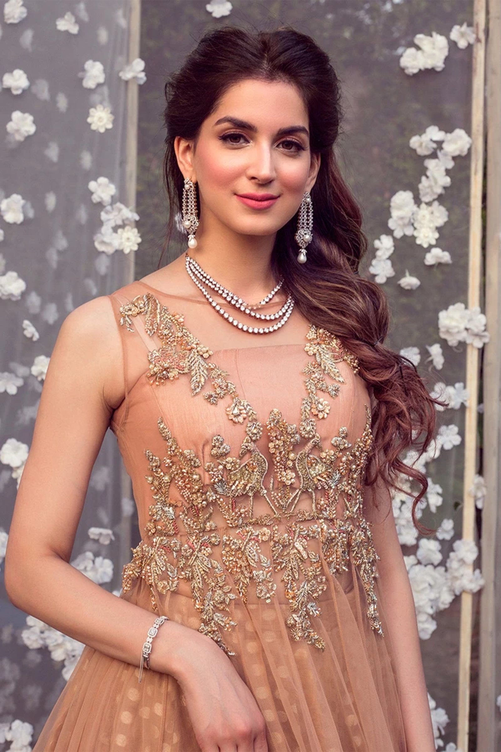 Pakistani Peach Hand Embroidered Net Gown (1-Pc) - Image 2