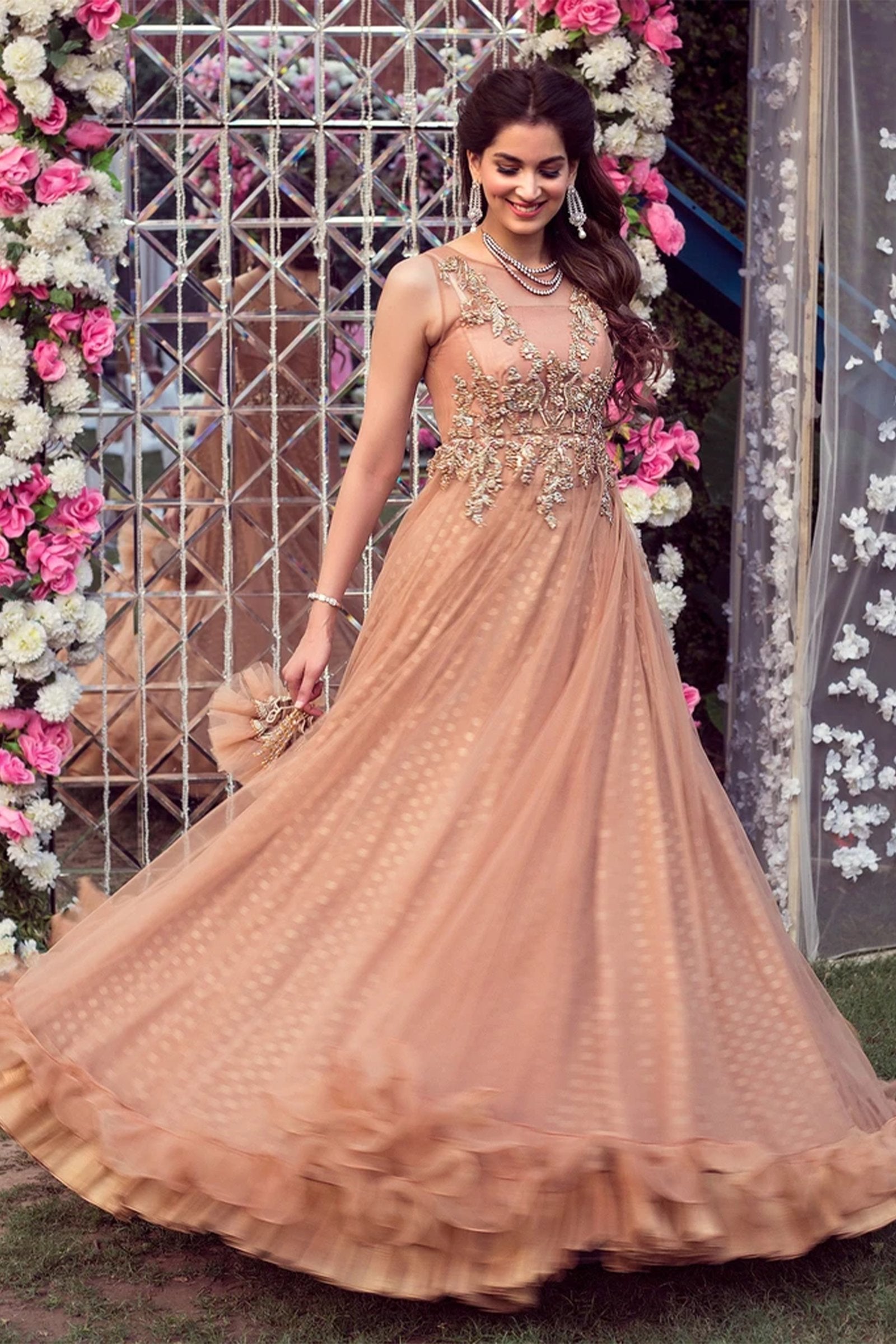 Pakistani Peach Hand Embroidered Net Gown (1-Pc) - Image 3