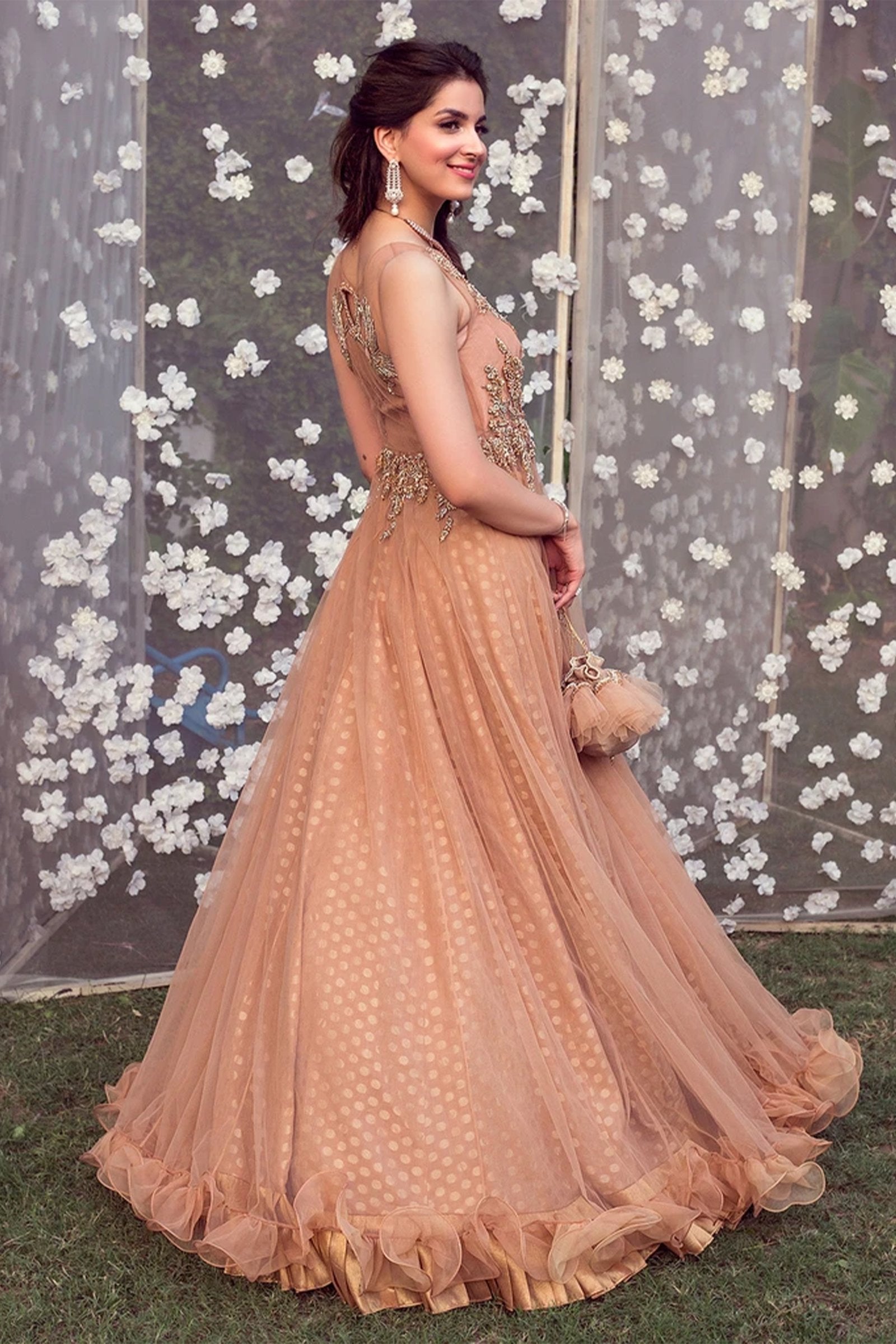 Pakistani Peach Hand Embroidered Net Gown (1-Pc) - Image 4