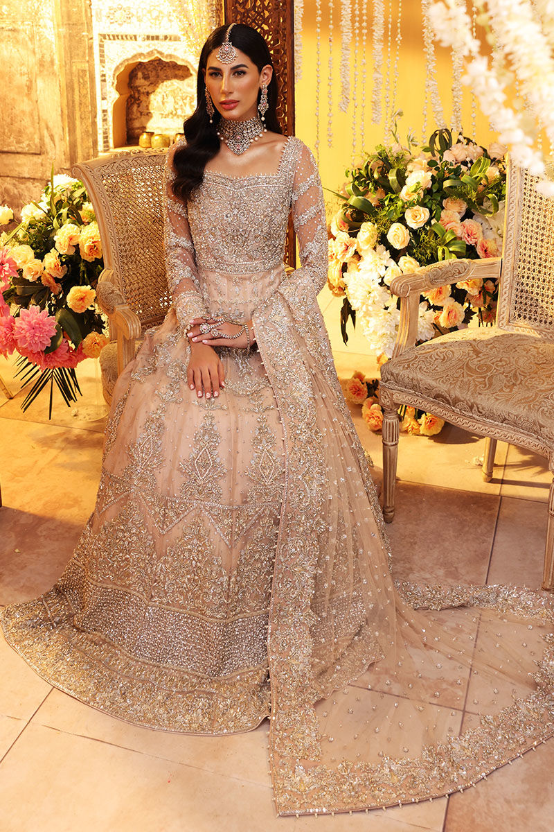 Pakistani Peach Hand-Embroidered Net Bridal Gown (2-Piece) - Image 1