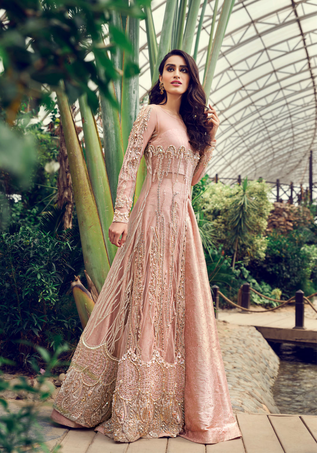 Pakistani Blush Pink Embellished Net Jamawar Gown (1-Pc) - Image 1