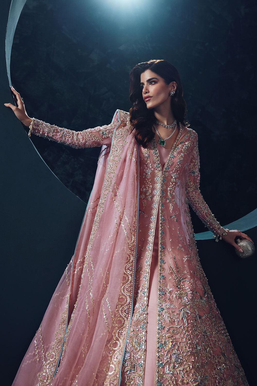 Blush Pink Embroidered Net Front-Open Gown (2-Piece) - Image 4