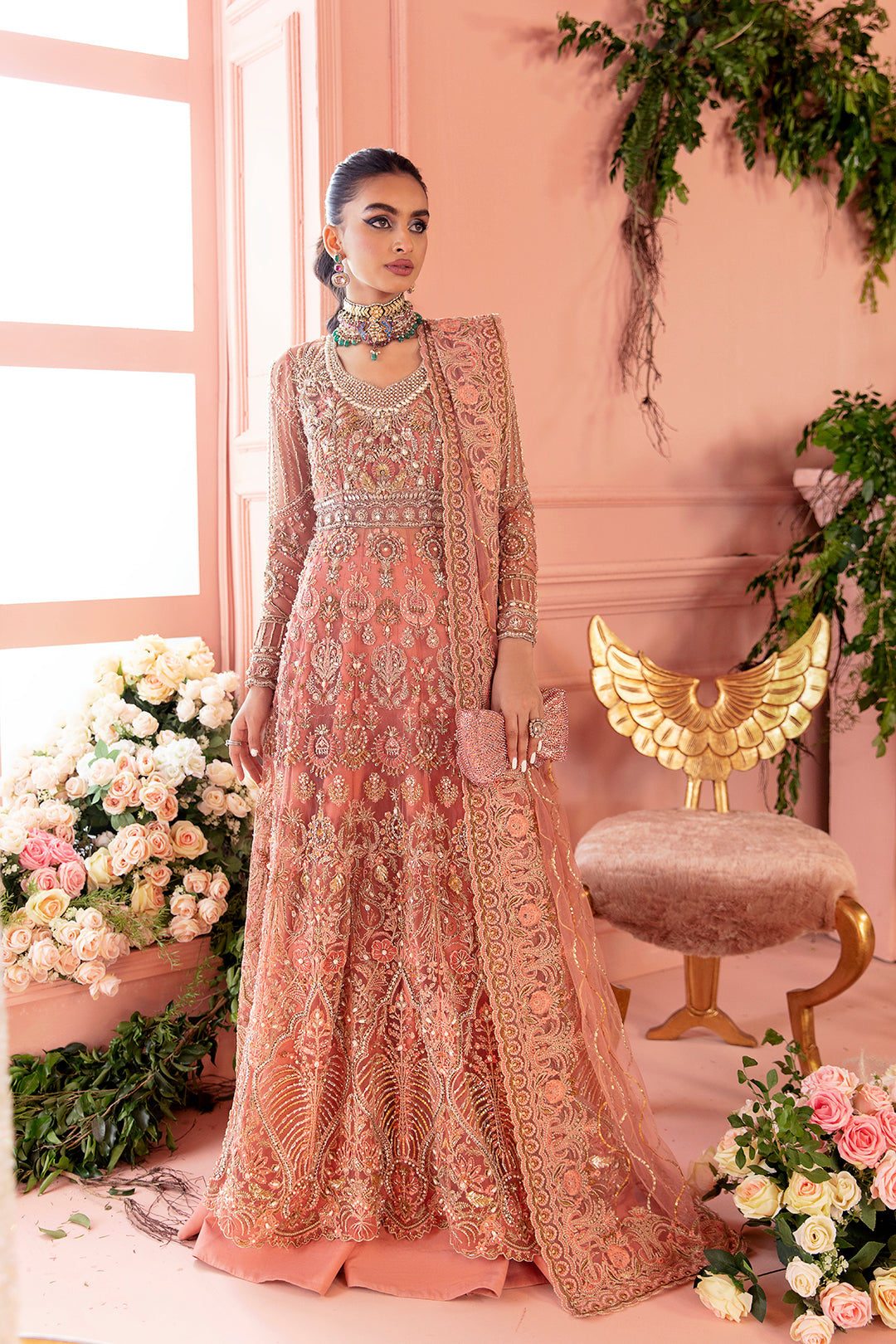 Pakistani Blush Pink Embellished Net Bridal Gown (2-Piece) - Image 1