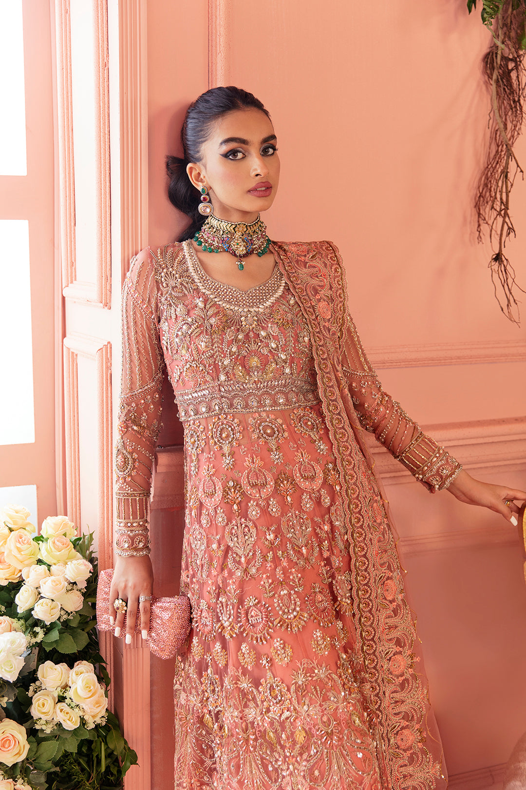 Pakistani Blush Pink Embellished Net Bridal Gown (2-Piece) - Image 2