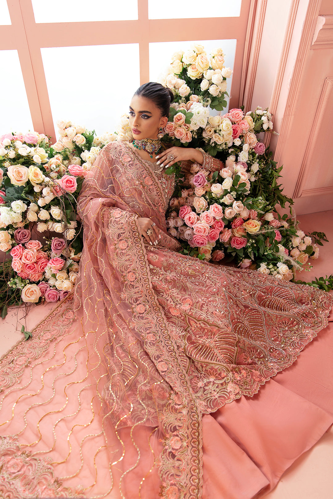 Pakistani Blush Pink Embellished Net Bridal Gown (2-Piece) - Image 3