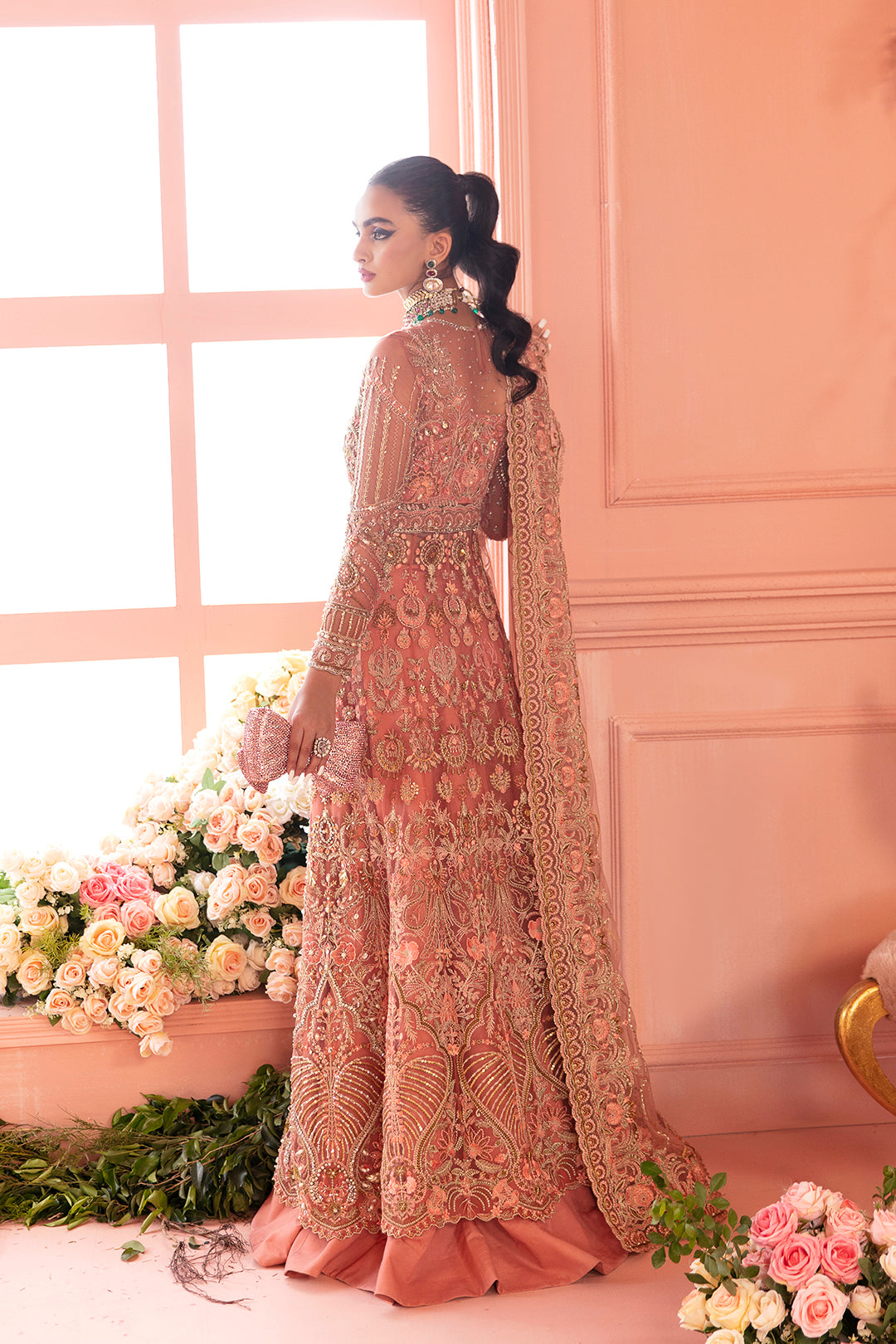 Pakistani Blush Pink Embellished Net Bridal Gown (2-Piece) - Image 4