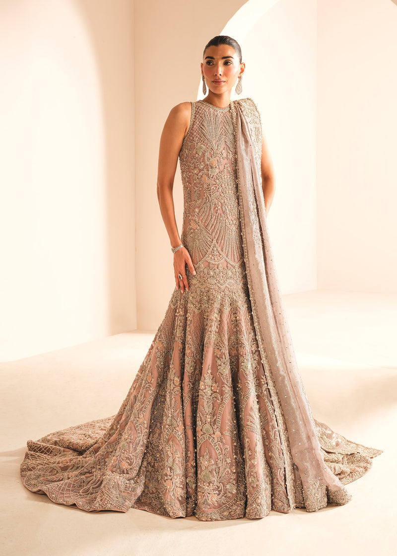 Pakistani Mauve Embroidered Net Gown (2-Piece) - Image 1