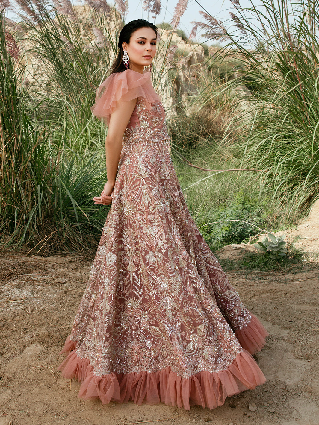 Dusty Rose Embroidered Net Lehenga Gown (2-Piece) - Image 1