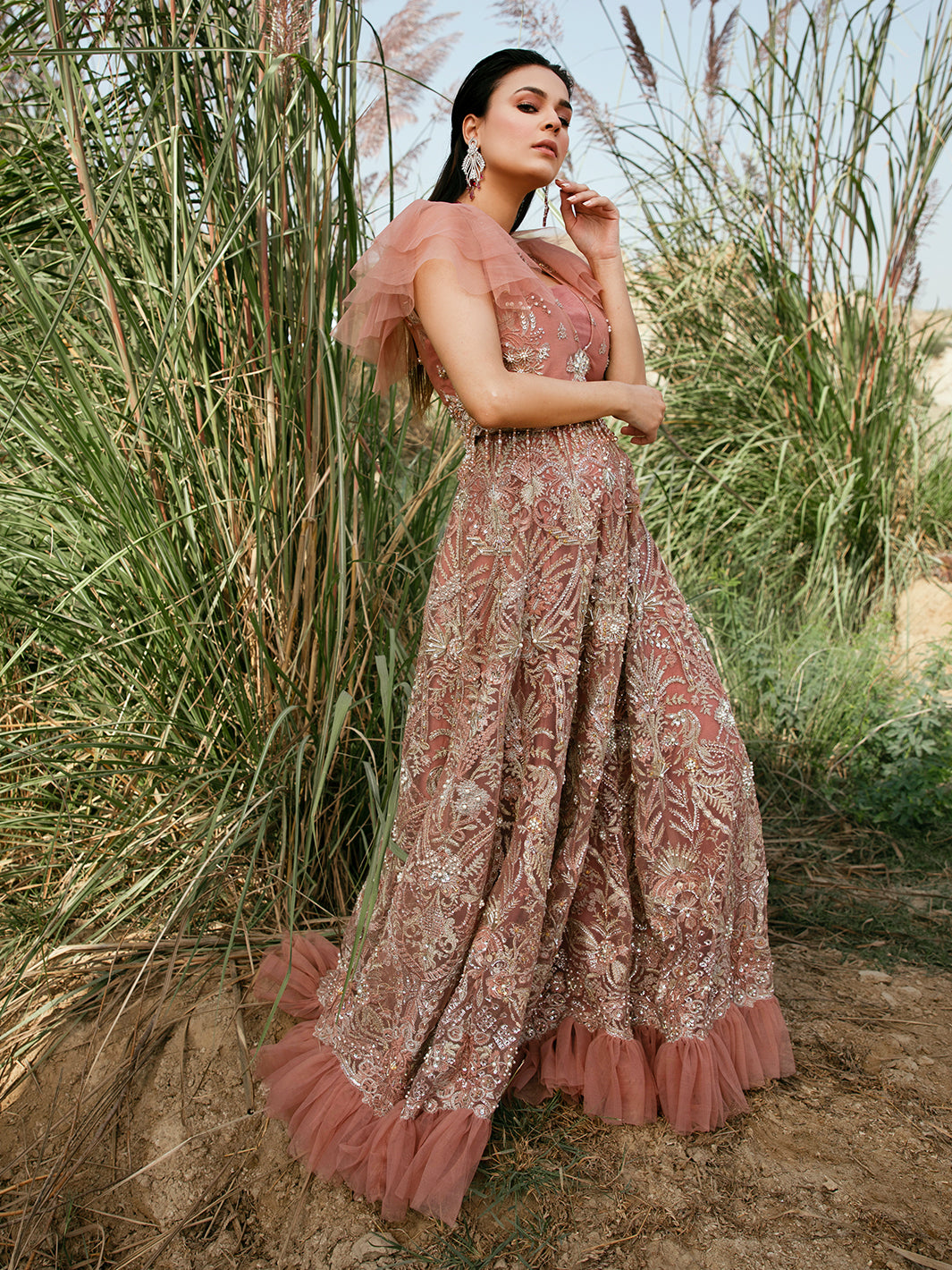 Dusty Rose Embroidered Net Lehenga Gown (2-Piece) - Image 3