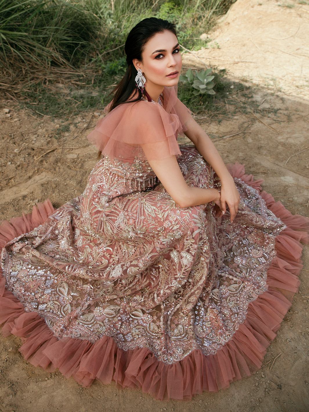 Dusty Rose Embroidered Net Lehenga Gown (2-Piece) - Image 4