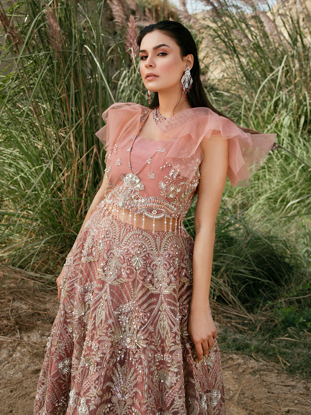 Dusty Rose Embroidered Net Lehenga Gown (2-Piece) - Image 5