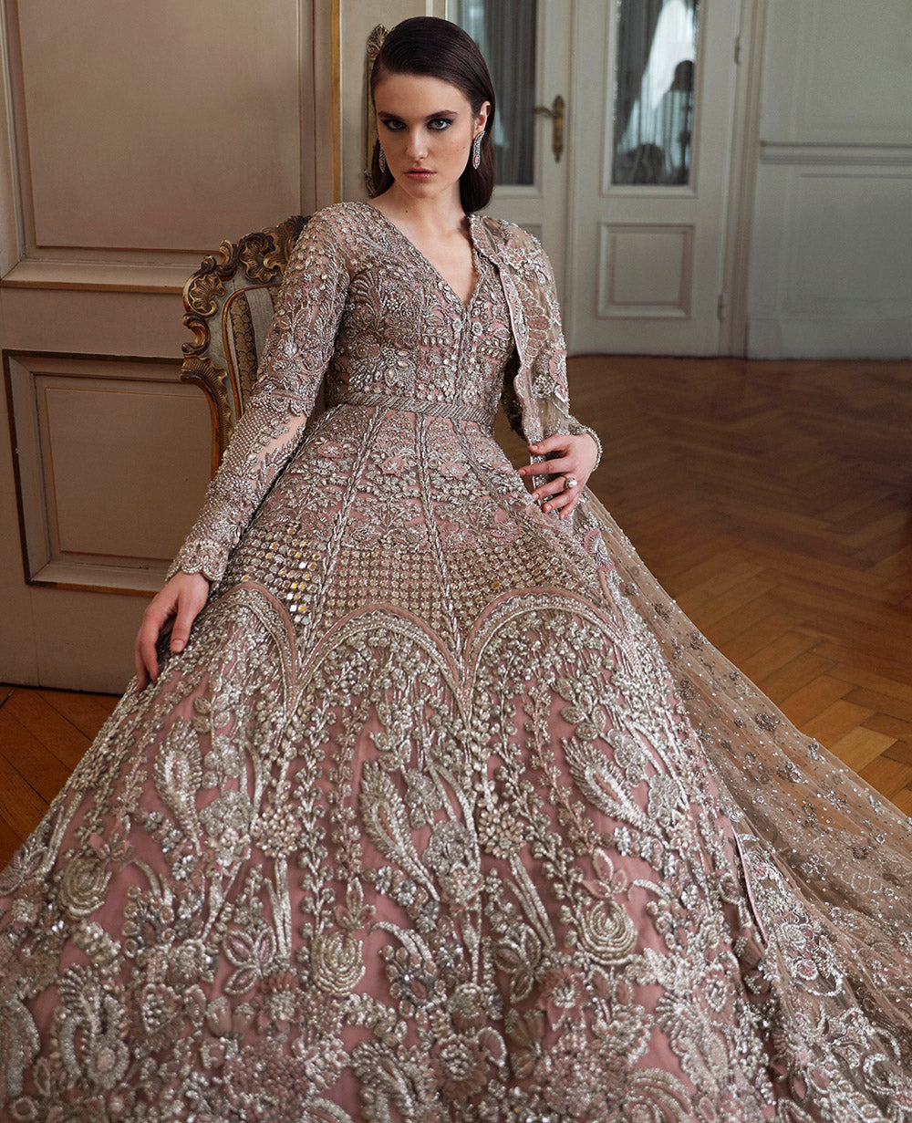 Pakistani Dusty Rose Mirror Work Net Gown (2-Piece) - Image 3