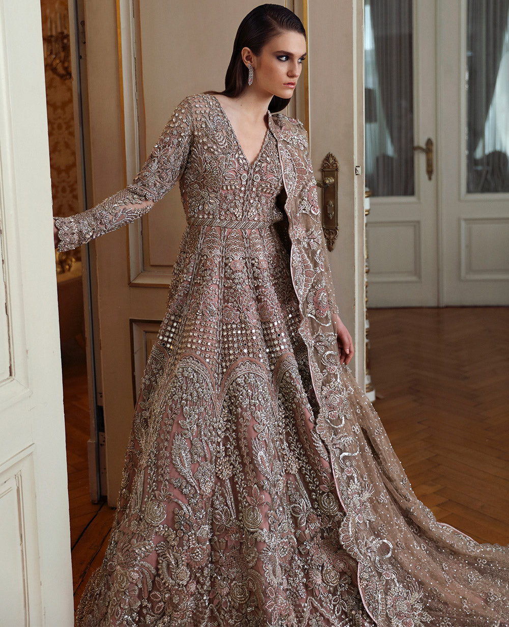 Pakistani Dusty Rose Mirror Work Net Gown (2-Piece) - Image 4