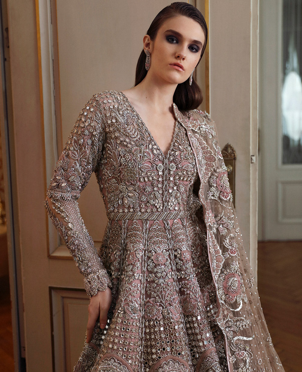 Pakistani Dusty Rose Mirror Work Net Gown (2-Piece) - Image 5