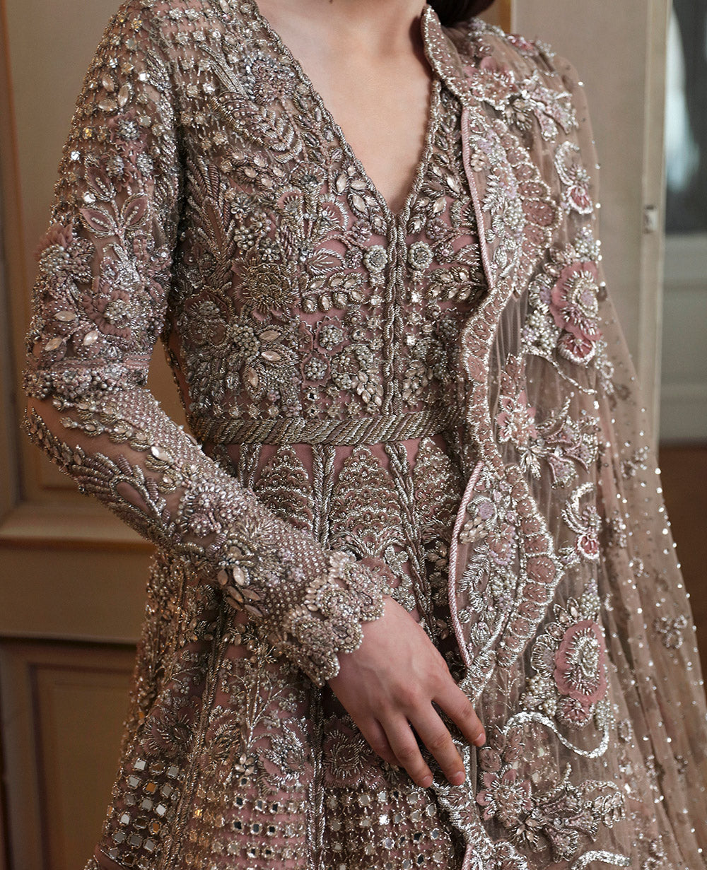 Pakistani Dusty Rose Mirror Work Net Gown (2-Piece) - Image 6