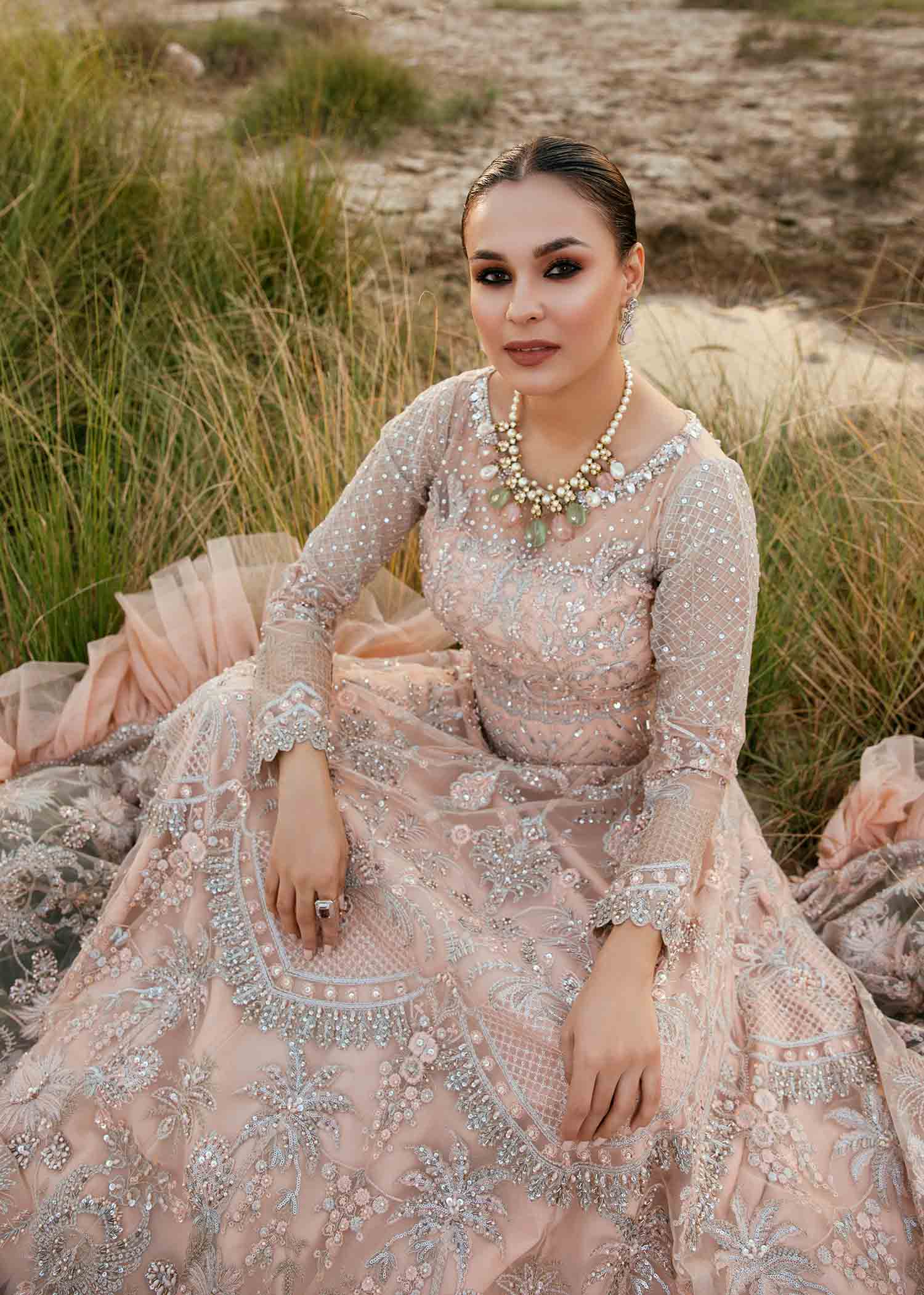 Pakistani Blush Pink Embroidered Net Bridal Gown (2-Piece) - Image 1