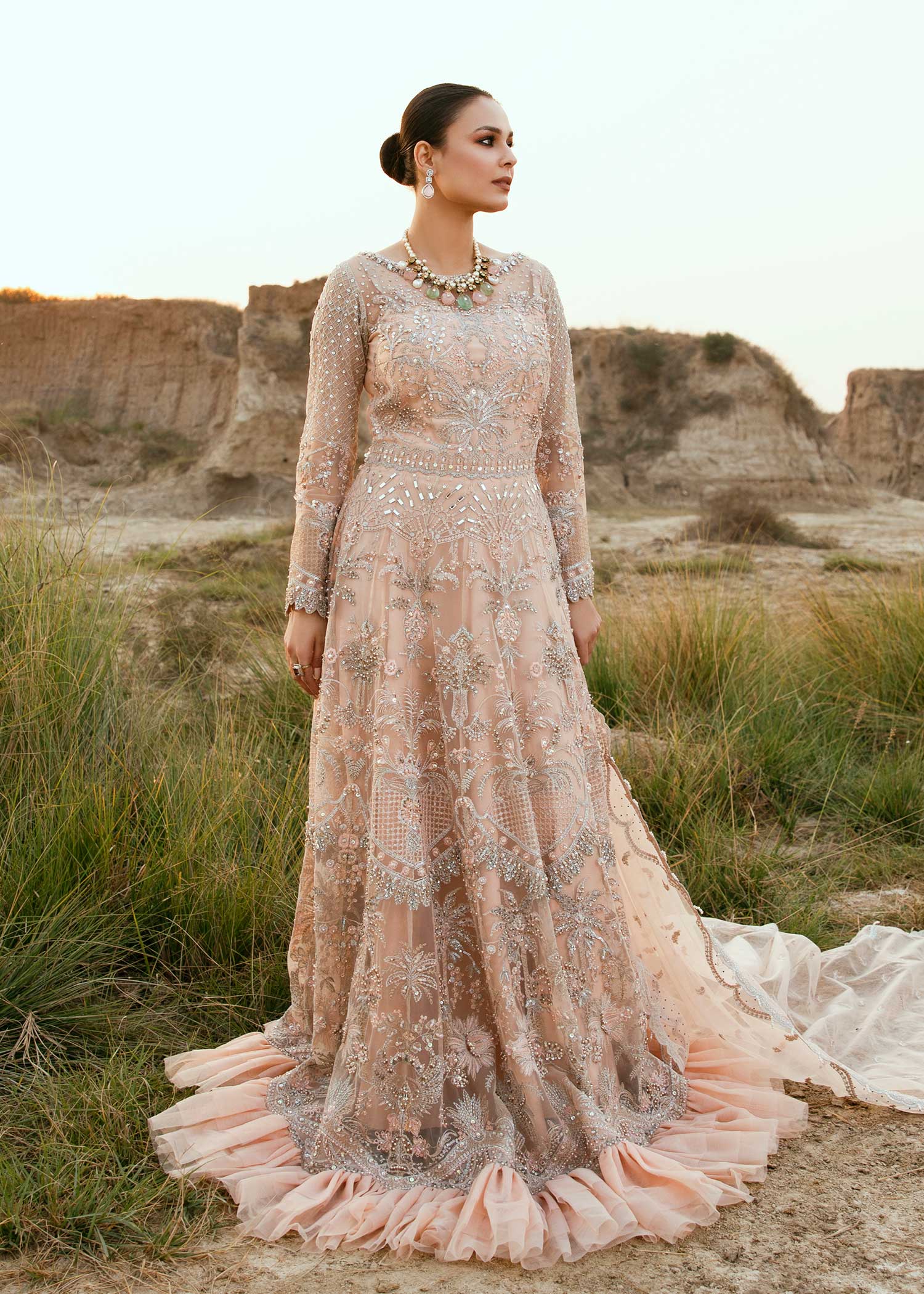 Pakistani Blush Pink Embroidered Net Bridal Gown (2-Piece) - Image 2