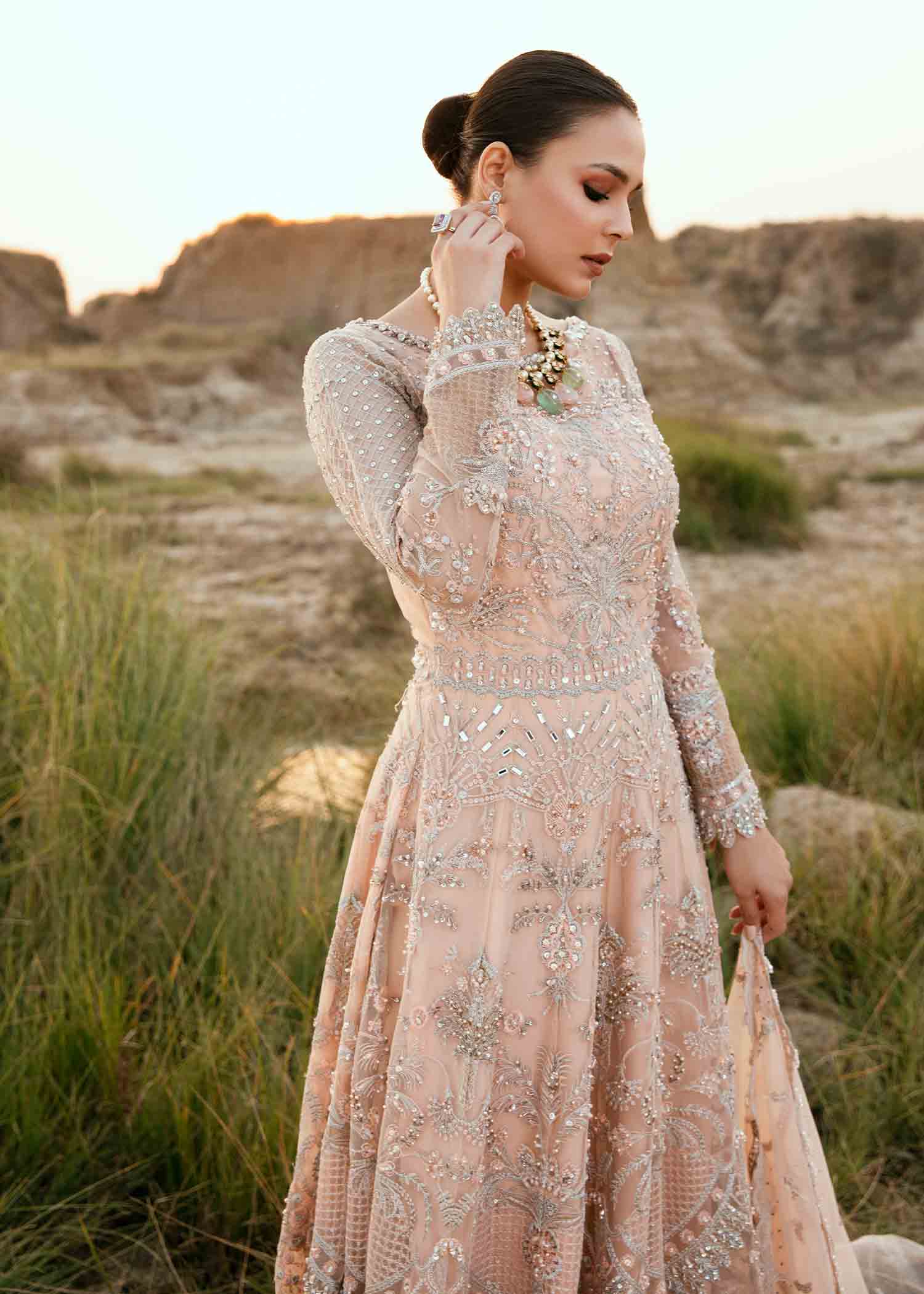 Pakistani Blush Pink Embroidered Net Bridal Gown (2-Piece) - Image 3