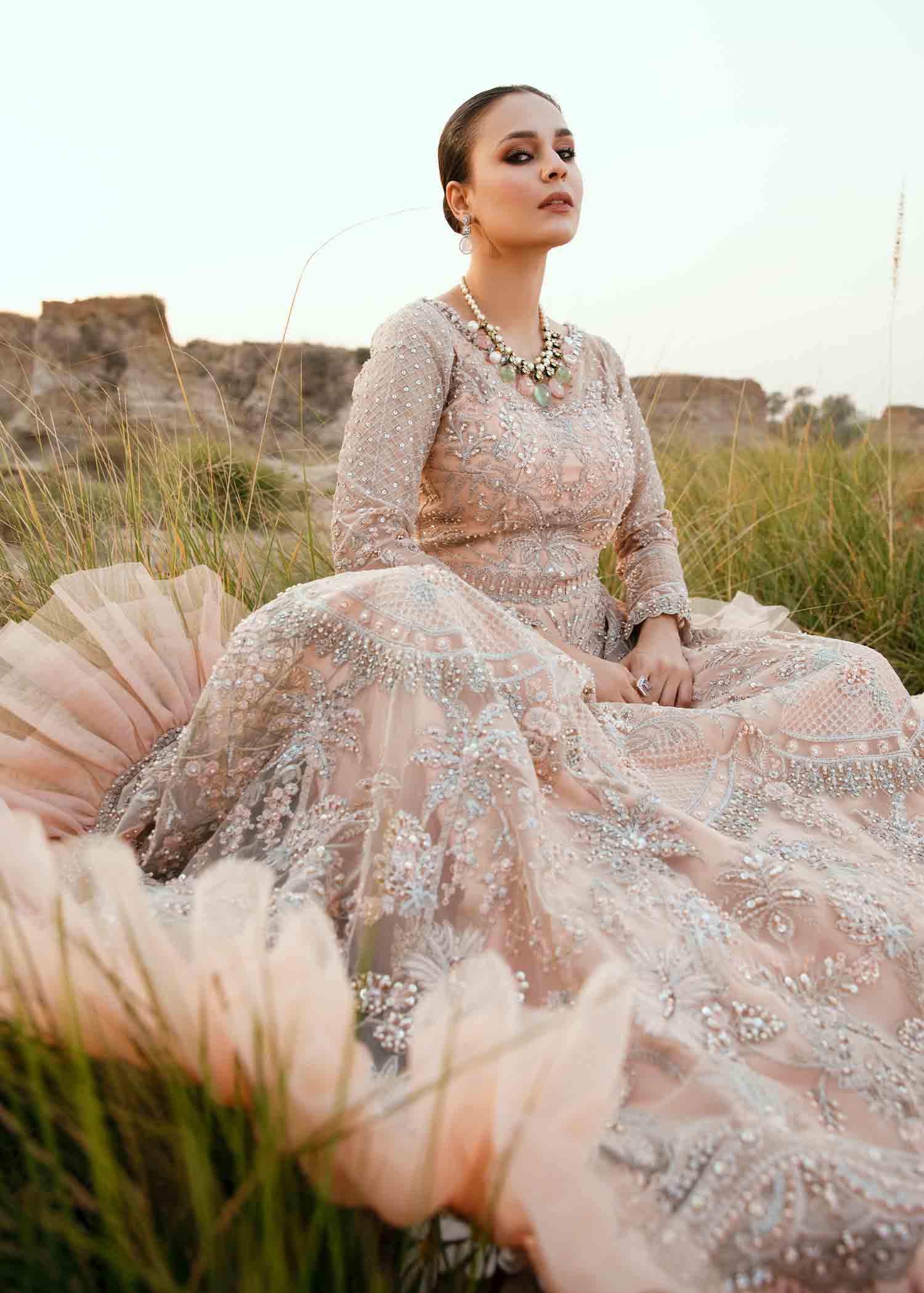 Pakistani Blush Pink Embroidered Net Bridal Gown (2-Piece) - Image 4
