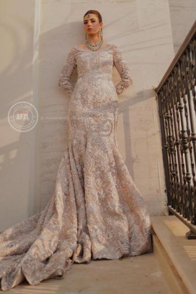 Pakistani Baby Pink Embellished Net Fishtail Bridal Gown (1-Pc) - Image 1
