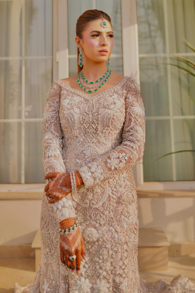 Pakistani Baby Pink Embellished Net Fishtail Bridal Gown (1-Pc) - Image 3