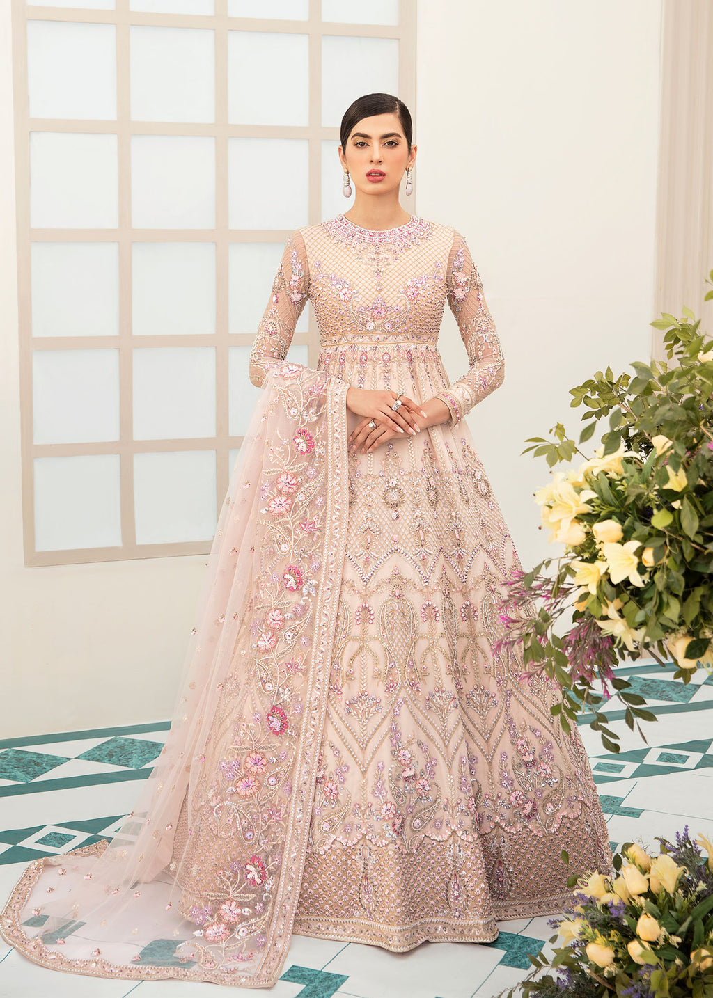 Pakistani Blush Pink Hand-Embroidered Net Organza Bridal Gown (2-Piece) - Image 1