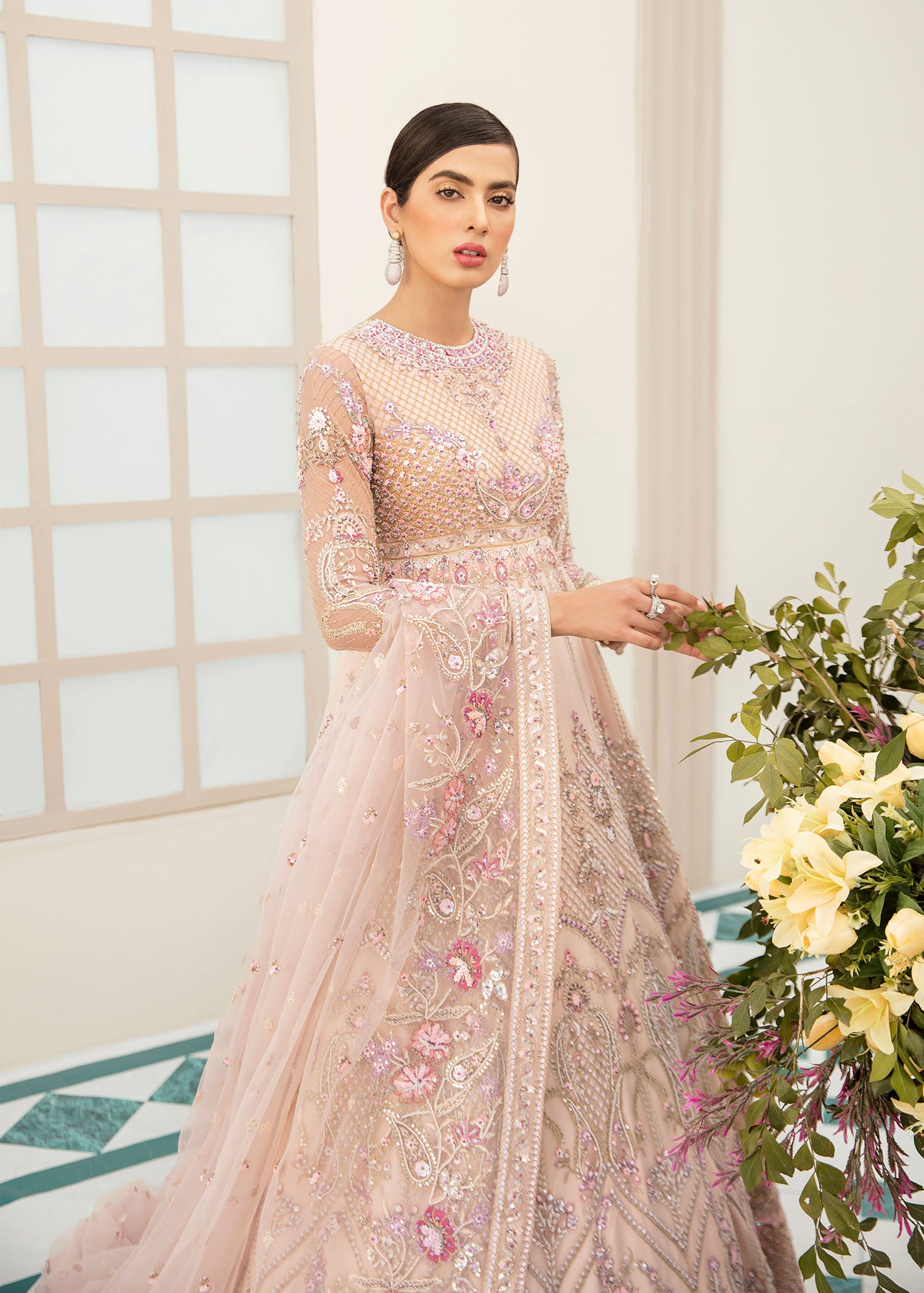 Pakistani Blush Pink Hand-Embroidered Net Organza Bridal Gown (2-Piece) - Image 2