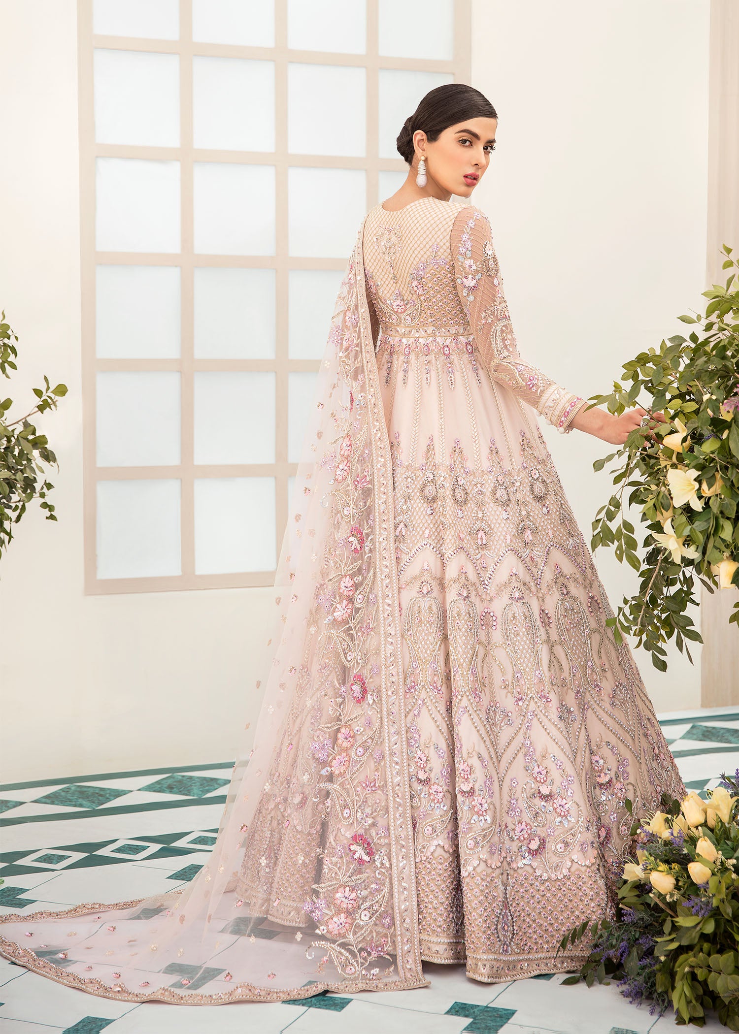Pakistani Blush Pink Hand-Embroidered Net Organza Bridal Gown (2-Piece) - Image 3