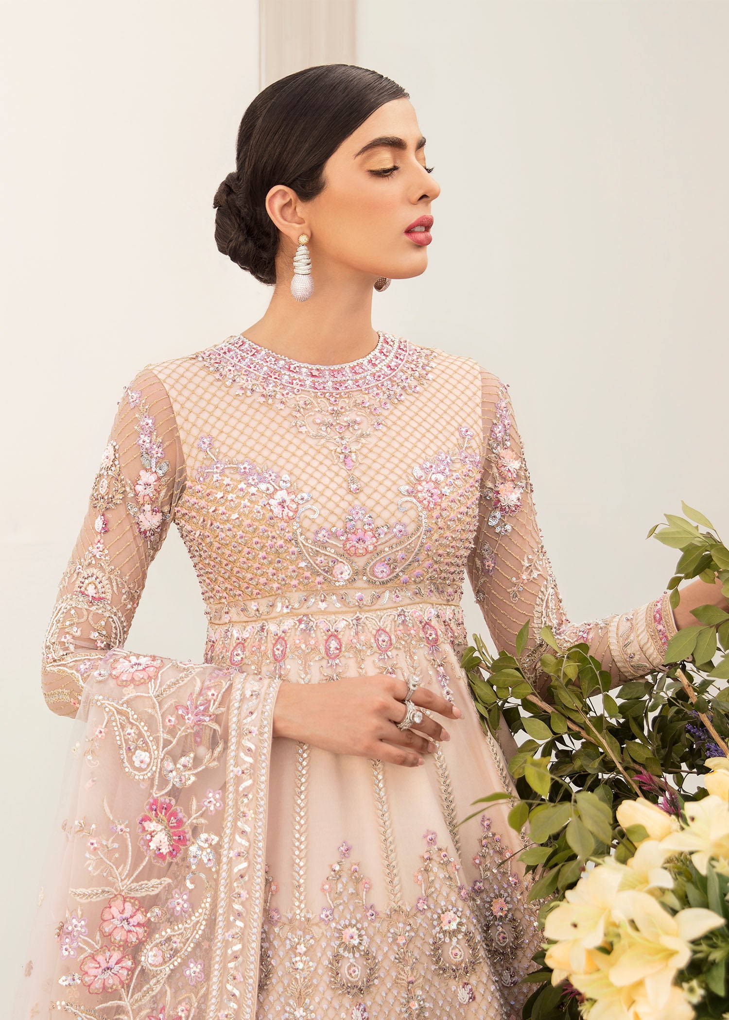 Pakistani Blush Pink Hand-Embroidered Net Organza Bridal Gown (2-Piece) - Image 5