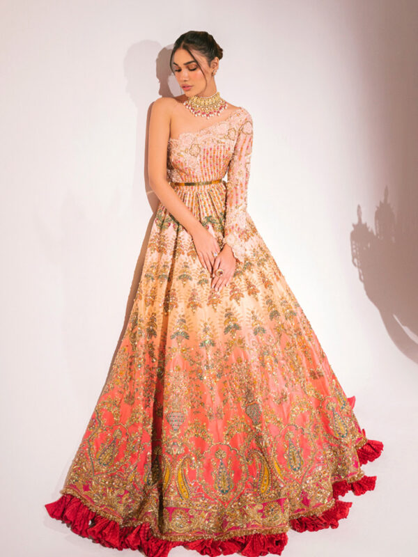 Pakistani Peach Ombre Embellished Net Organza Peshwas Gown (1-Pc) - Image 2