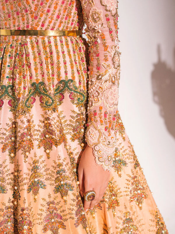 Pakistani Peach Ombre Embellished Net Organza Peshwas Gown (1-Pc) - Image 3