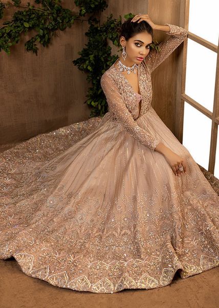 Indian Baby Salmon Pink Embellished Net & Organza Bridal Gown (1-Pc) - Image 1