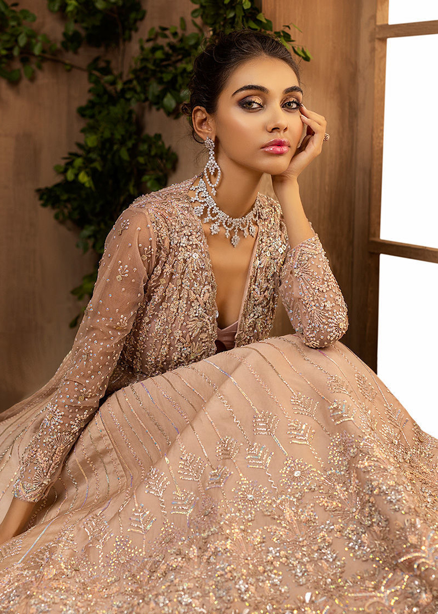 Indian Baby Salmon Pink Embellished Net & Organza Bridal Gown (1-Pc) - Image 3