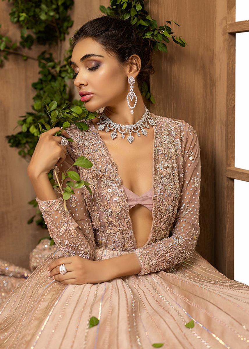 Indian Baby Salmon Pink Embellished Net & Organza Bridal Gown (1-Pc) - Image 6