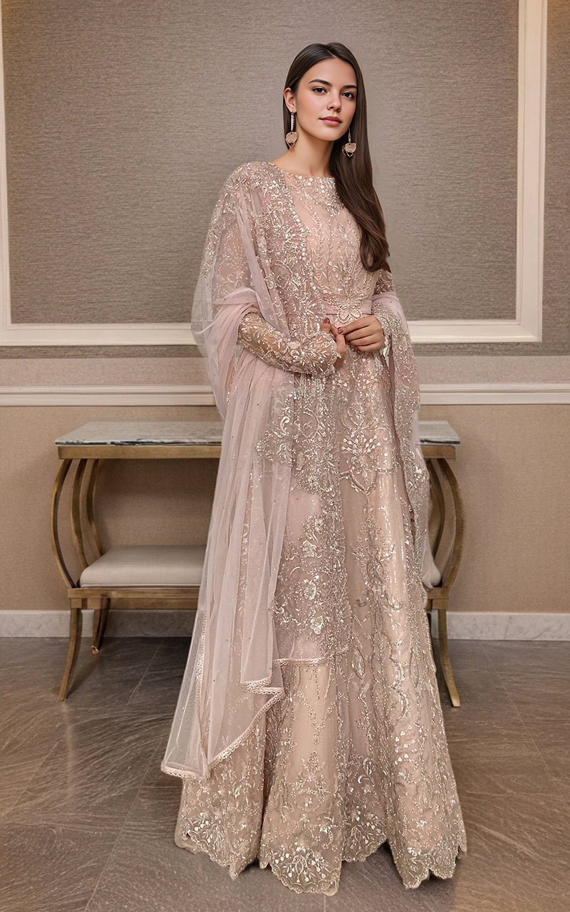 Blush Pink Embellished Net Maxi Dress (2-Piece) - Image 1