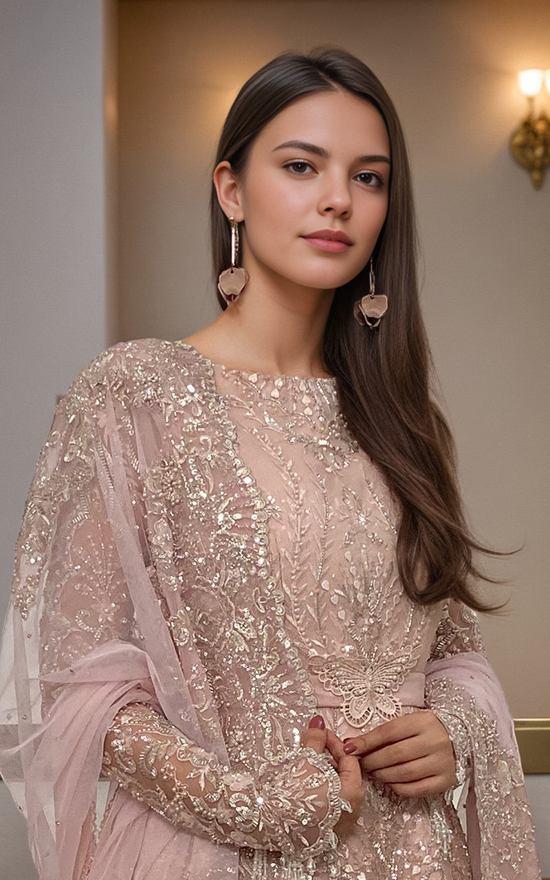 Blush Pink Embellished Net Maxi Dress (2-Piece) - Image 2