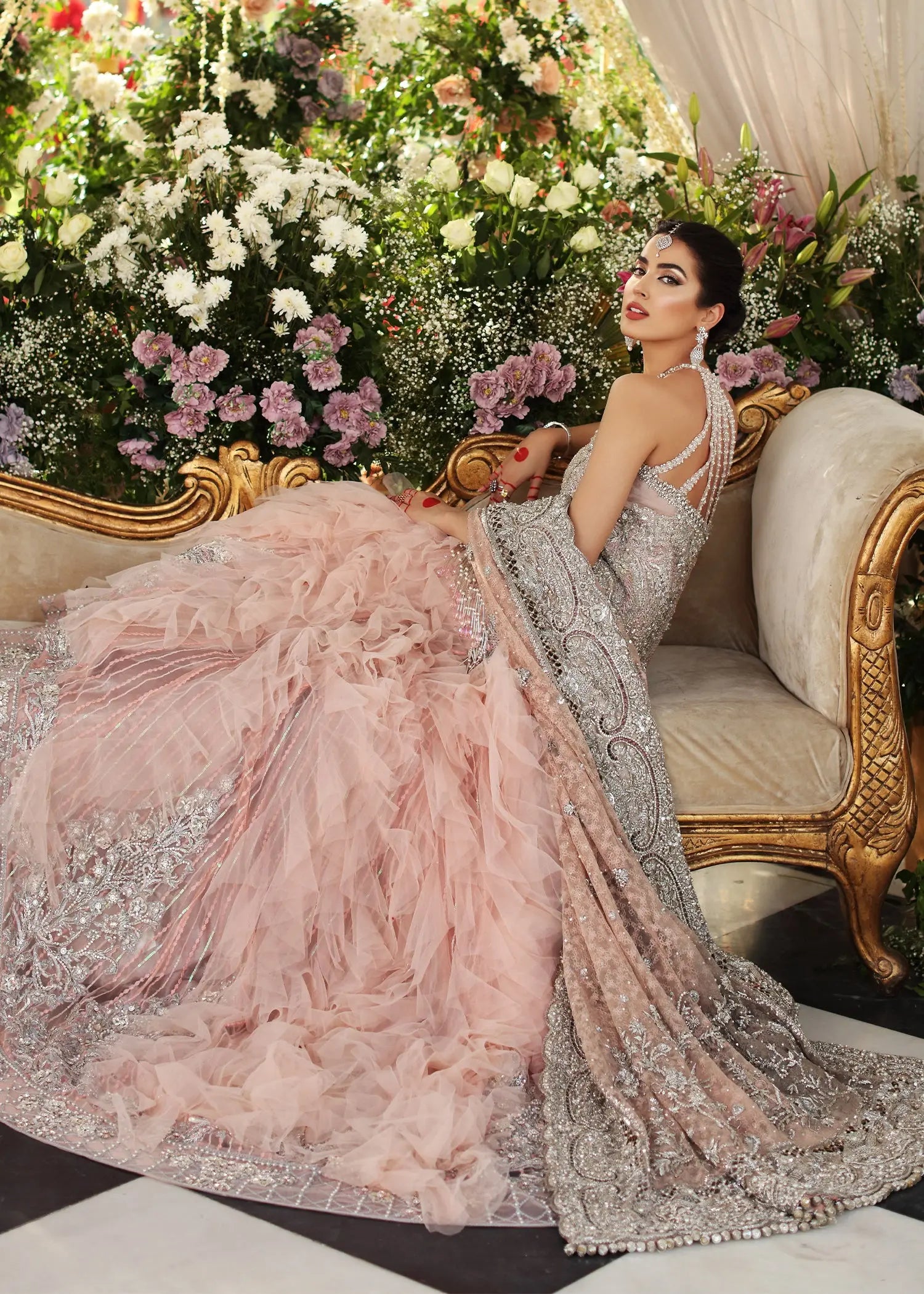 Pakistani Dusty Pink Embellished Net Bridal Gown (2-Piece) - Image 3